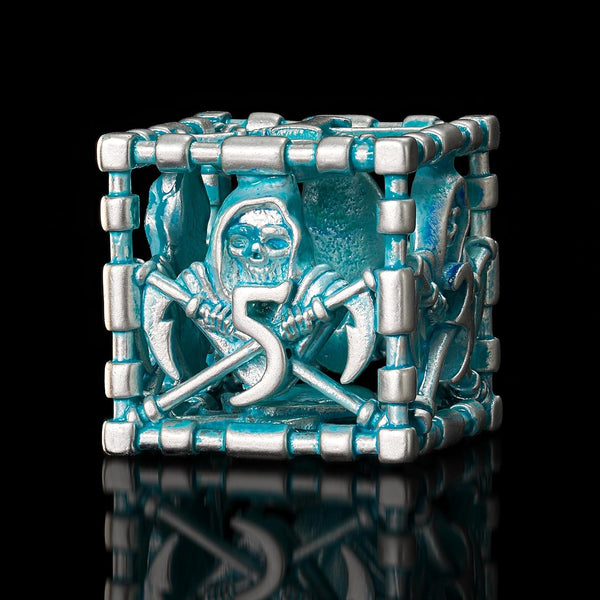 D&D Dice Set, Hollow Blue White Metal Grim Reaper Dice of 7 Piece, Polyhedral DND Dice for Table Game MTG or RPG