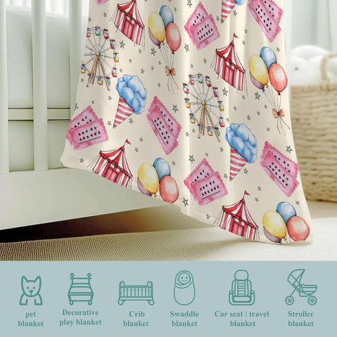 Wicbfdfv 60x80inch Cute Circus Balloons Carnival Ticket Baby Blanket Girls Boys Colorful Tent Bows Stars Cotton Candy