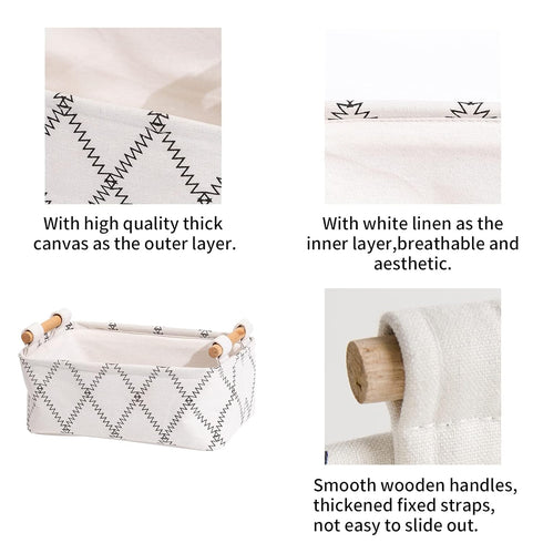 Decorative Rectangular Fabric Storage Bin Organizer Basket with Wooden Handles for Clothes, 12.6x8.7x4.7 inch, White