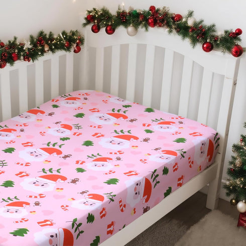 52" 28" Christmas Crib Sheet, Baby Fitted Crib Sheet with Santa Claus, Christmas Trees, Gingerbread, Measuring x to fit
