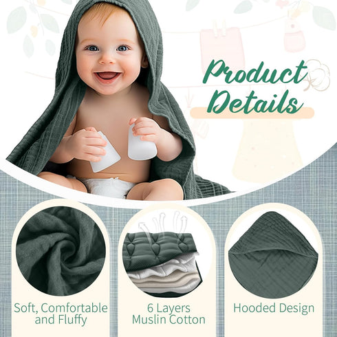 VitalCozy 8 (32 32 Inch,Mist Pcs Baby Muslin Hooded Bath Towels and Washcloths Muslin Cotton Hooded Baby Towels