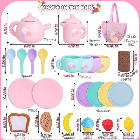 Set 27PCS Set 3 4 5 6 Silicone Tea Party for Little Girls,PRE-WORLD Toys Toddler Tea with Play Food Dessert