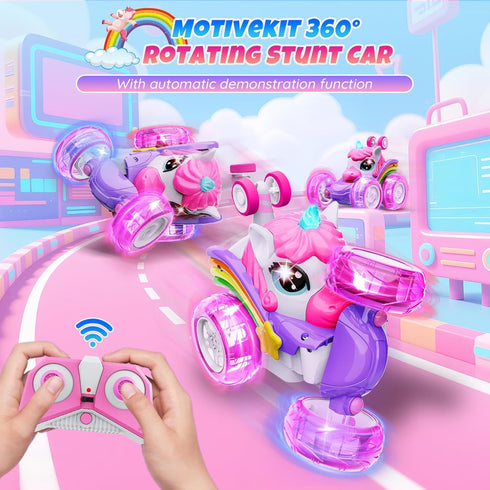 Innofans 360 4WD 3-6 7-9 10-12 Unicorn Remote Control Car for Girls, Rotating Stunt RC Cars with Cute Cool LED Lights