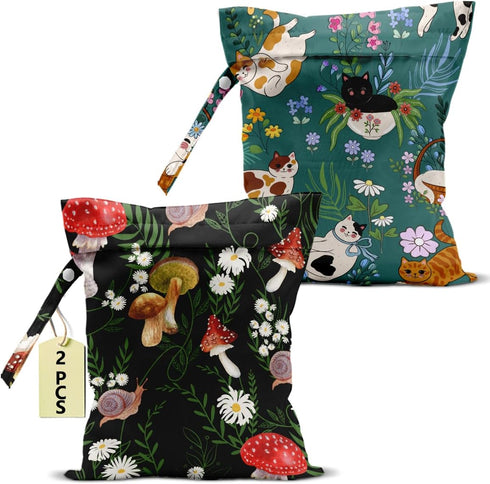 BQXH Cat Lover Gifts, 2Pcs Mushroom Cat Print Wet Bags, Wet Dry Bag