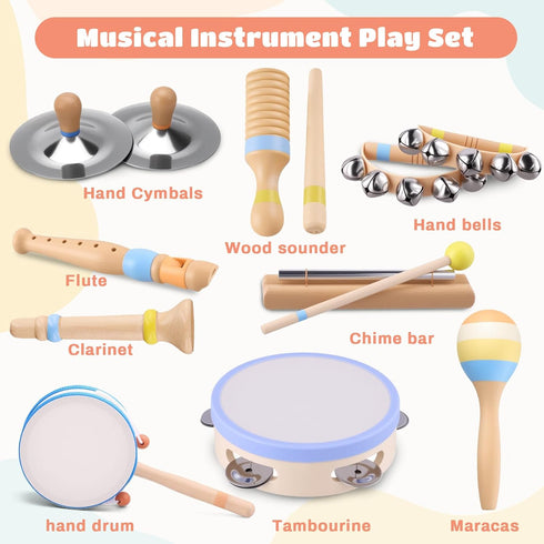 MGparty 13, Set Baby Musical Instruments for Toddlers Montessori Wooden Music with Drum Flute Clarinet Bells Cymbals