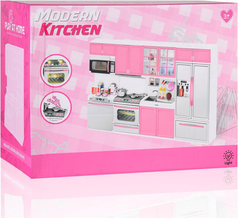 Doll Kitchen Playset for Kids - My Modern Mini Kitchen House Furniture Toy Accessories Set with Realistic Lights &