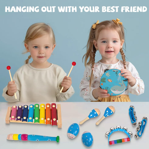 Wooden Musical Instruments Set for Toddlers 1-3, Natural Wood Percussion Instruments Gift Set with Storage Bag