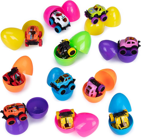 ThinkMax 12pcs Easter Eggs Prefilled with Pull Back Cars, with toys inside for Easter Eggs Hunt, Easter Basket