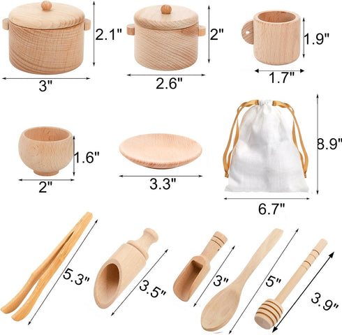 Set 11 Hiceeden of Wooden Sensory Bin Tools for Kids, Sensory Scoops and Tongs Toys with Bag, Waldorf Montessori Toys