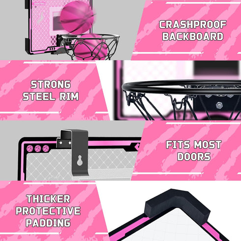 Mini Over The Door Basketball Hoop for Kids - Unicorn Pink with Electronic Scoreboard, 3 Balls, Birthday Gifts for Ages