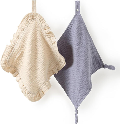 Loveys for Babies, 2 Pack Organic Cotton Muslin with Snap Closure, Newborn Baby Lovey Security Blankets