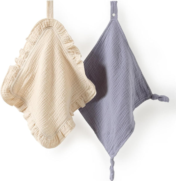 Loveys for Babies, 2 Pack Organic Cotton Muslin with Snap Closure, Newborn Baby Lovey Security Blankets