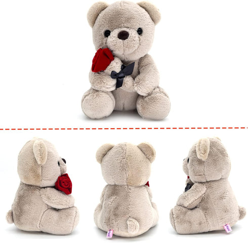 9.8'' Teddy Bear with Rose, Soft Plush Doll for Valentines Day Gifts for Her, Mom, Kids (Gray)