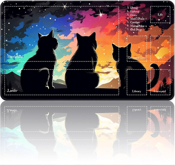 Qindaiwen MTG Playmat, 24x14 Inch Tabletop Game Mat, Premium Smooth Rubber, Mousepad Compatible, Three Cats