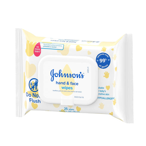 99% 25 Count Johnson's Baby Disposable Hand & Face Cleansing Wipes, Pre-Moistened Wipes Gently Remove of Germs & Dirt