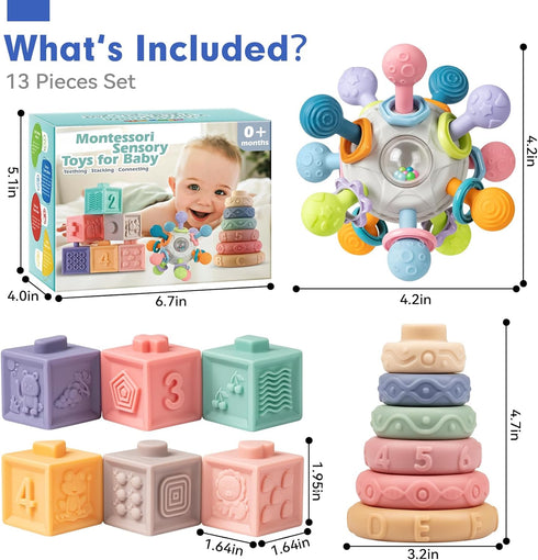 SpringFlower 3 in 1 Montessori Toys for Babies 0-3-6-12 Months, Rattle Teether, Baby Blocks, Soft Stacking Rings