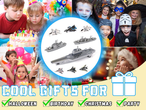 Set Crelloci Aircraft Carrier Military Naval Ship with Pull Back Army Fighter Jet Toy Small Scale Model Plane Submarine