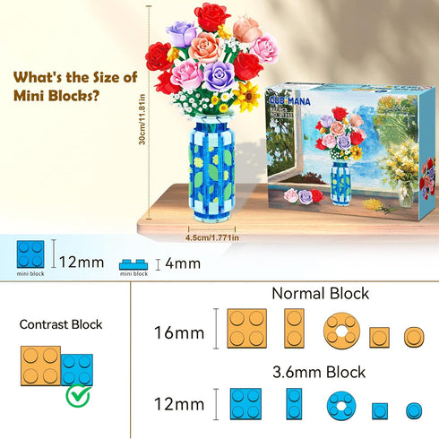 Set 16 CUBIMANA Roses Flowers Building with Vase & LED Light, for Her, Mini Flowers Bouquet Building Blocks Toy