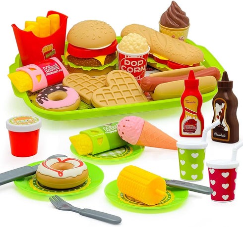 Taken All 26PCS Pretend Play Kitchen Food Set - Dessert Toys with Hamburger, Hot
