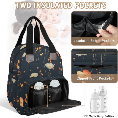 Shoblo Backpack Poppy Black Diaper Bag for Travel, Waterproof Diaper Bag with Insulated Bottle Pockets & USB Port