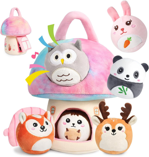 Interactive Plush Mushroom House Playset with 6 Stuffed Animal Toys Soft Sensory