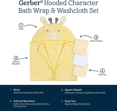 4 Set, Gerber Baby Piece Animal Character Hooded Towel and Washcloth Yellow Giraffe, One Size