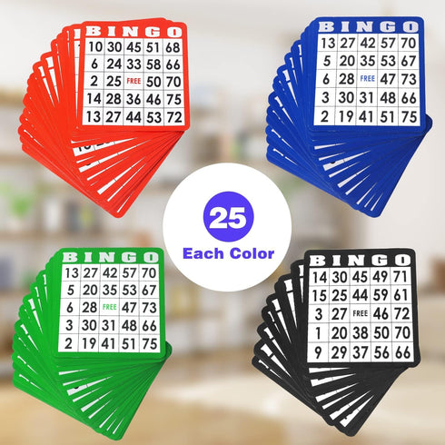 100-Pack Multi-Color Bingo Game Cards Set with Easy Read Numbers for Large Groups and Parties