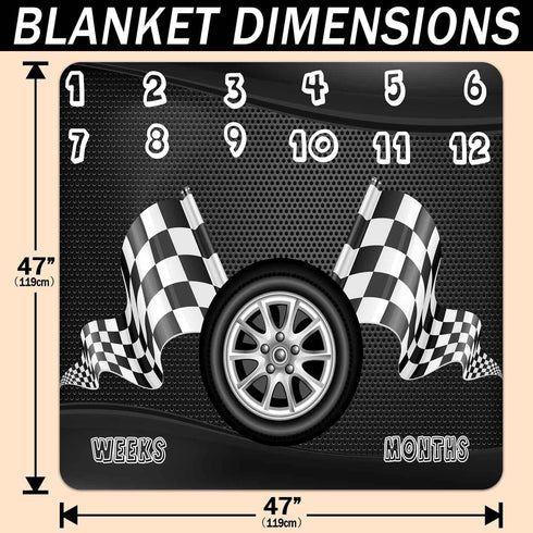 Racing Baby Monthly Milestone Blanket, Boy Racer Car Tires, Unisex 1 to 12 Months, Includes 4 Frames & 1 Headband