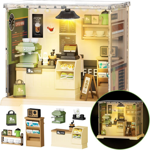 Coffee Shop Mini Model Kits with LED, Make It Miniature Cafe Store, DIY Miniature House Kit for Adults Teens