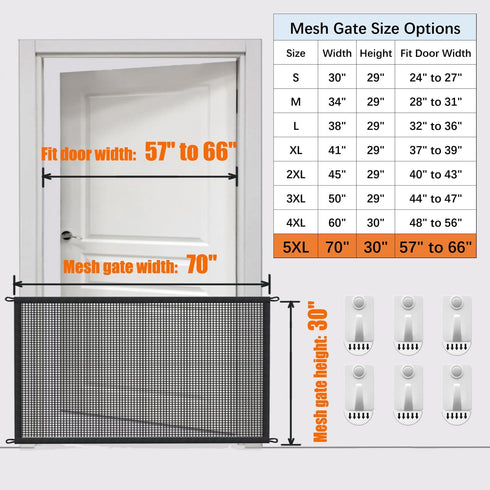 Indoor Dog Gate for Stairs: 30" Tall, 70" Wide Mesh Safety Gate for Kitchen Doorways, Hallways, and Porch