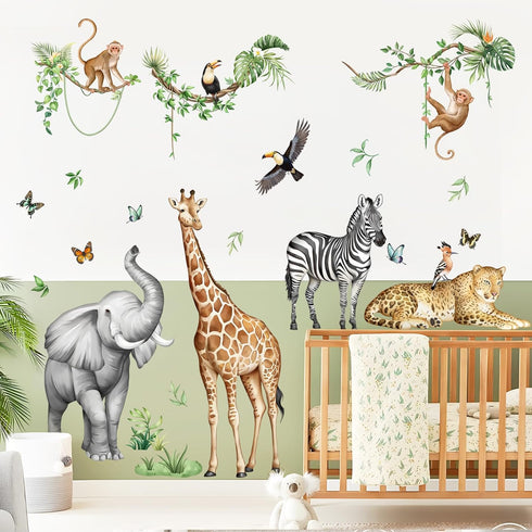 Jungle Safari Animal Wall Decals for Kids Room - Wildlife Wall Stickers Giraffe Elephant Leopard Zebra Monkey Removable