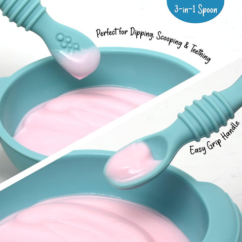 PrimaStella Unbreakable Silicone Baby & Toddler Plate and Spoon Feeding Set - Pacific Blue