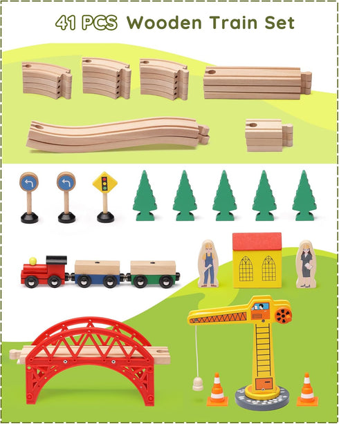 Set 41pcs 3+ SainSmart Jr. Wooden Train for Toddler, Wood Train Track w/Crane Fits Brio, Thomas, Melissa and Doug, Kids