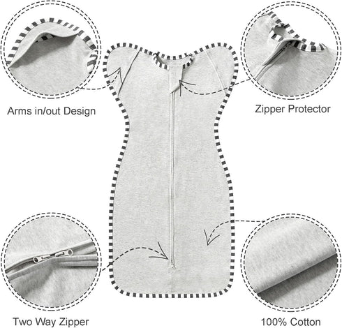 2 Pack 100% 2-Way M(3-6 Transition Swaddle, Cotton Baby Sleep Sack, Zipper Infant Arm Up Swaddle for Newborn Baby Boys