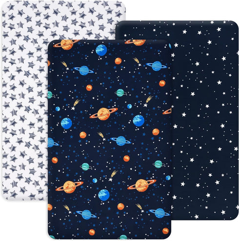 PHF 3 Pack Soft Mini Crib Sheets, Space Silky Pack N Play