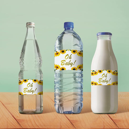 Outus 40 Pieces Sunflower Baby Shower Water Bottle Labels Floral Water Bottle Labels Waterproof Sunflower Bottle