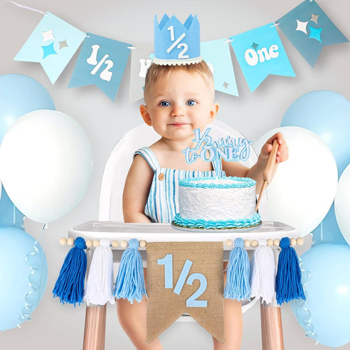 Vnysh 1/2 4PCS 6 Set 1/2 6 Birthday Boy Half Birthday Decorations Blue Month Party with Way to One Banner, Halfway High