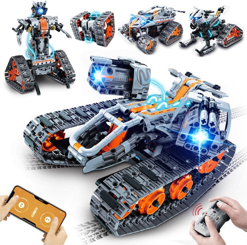 HOGOKIDS 5 in 1 STEM Building Set with LED Light - APP & Remote Controlled Cars Building Toys Kit, RC Robot Tank Sleigh