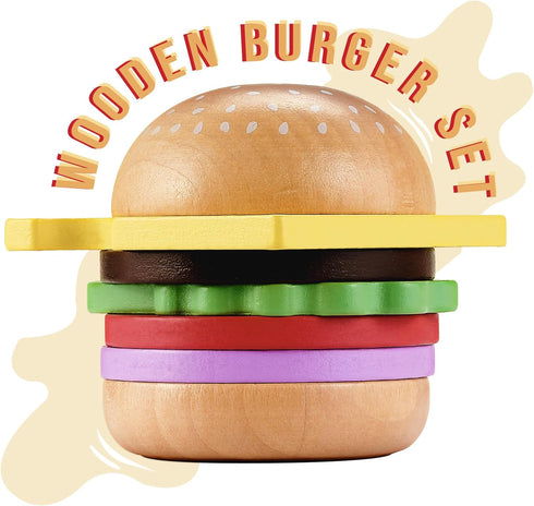 Set 26 3+, 3-8 Pillowhale Wooden Play Food for Kids - Pcs Hamburger Pretend Play Food with Fries & Drinks, Montessori
