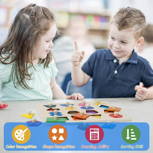 Shape Puzzles Wooden Puzzles for Toddlers, Peg Puzzle Montessori Shape Sorter Toys, Preschool Educational Toy for Baby