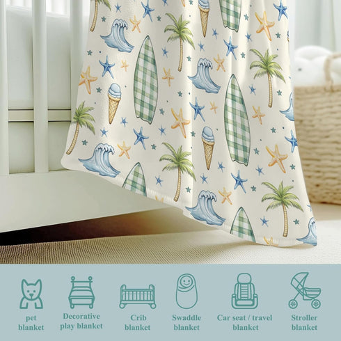 Wicbfdfv Summer 60x80inch Boho Beach Surfing Starfish Baby Blanket Girls Boys Cute Surfboard Coconut Trees Sea Waves