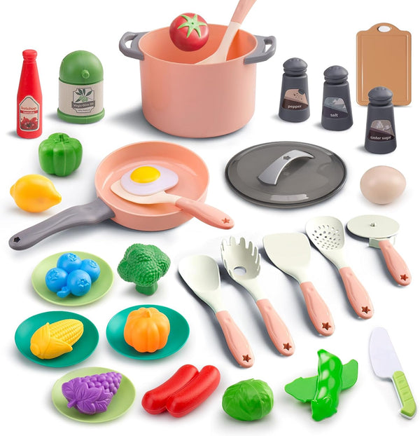 35Pcs Kids Kitchen Toy Accessories, Toddler Pretend Cooking Playset with Pots, Pans, and Food Set