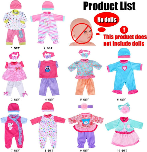 10 Sets 10/12/14 Inch iBayda Doll Clothes & Accessories - Playtime Outfits with Hats and Headbands for New Born Baby