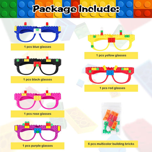 6 Pcs DIY Building Bricks Glasses for Kids Birthday Party Favors, Boys Girls Carnival Games Decor
