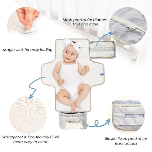 WELLDAY Pink Bows Portable Diaper Changing Pad - Waterproof Foldable Baby Diaper Changing Pad with Built-in Pillow