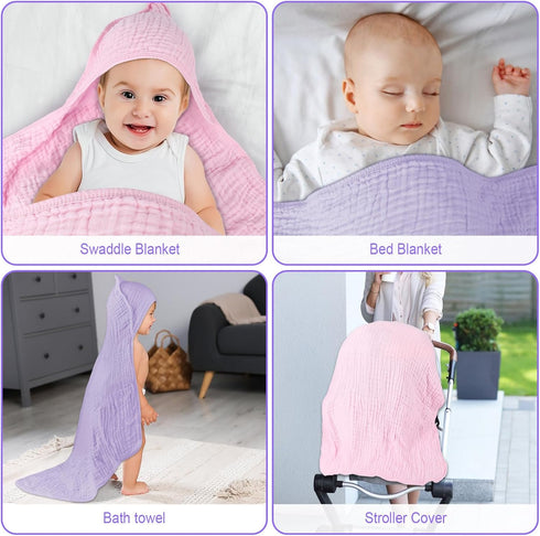 2 Pack 32x32Inch, Synrroe Hooded Muslin Cotton Baby Towels, Pink & Purple