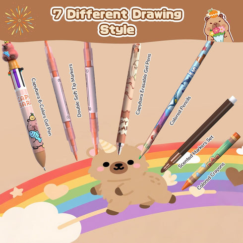 DreamyCandy 73PCS Set 4-6-8,Kids Capybara Washable Markers with Glitter Pencil Case,Art Supplies and Craft for Girls