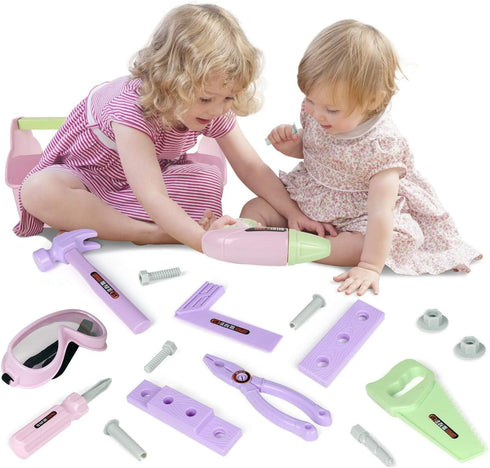 Set 18-Pc 3 4 5 6 7 8 Kids Tool with Electronic Toy Drill & Construction Goggles, Safe ABS Toddler Tool Box & STEM