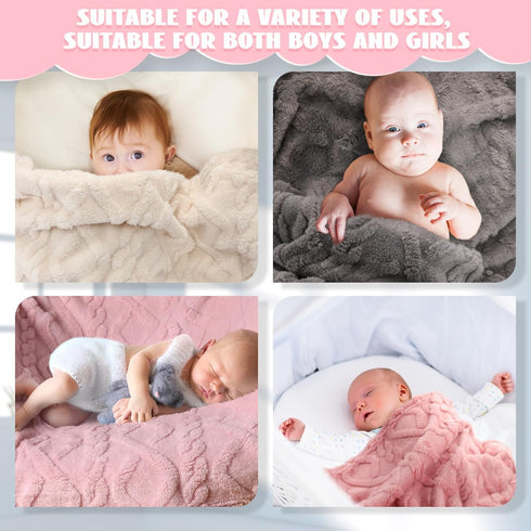 4 Pcs Fleece Baby Blanket, 30 x 40, 3D Fluffy for Boys Nursery Bed, Infant or Newborn Swaddling (Pink Set)