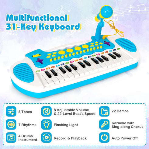 Costzon 31-Key Kids Piano Keyboard Toy, Toddler Electronic Musical Instrument with Microphone, Lights & Stool